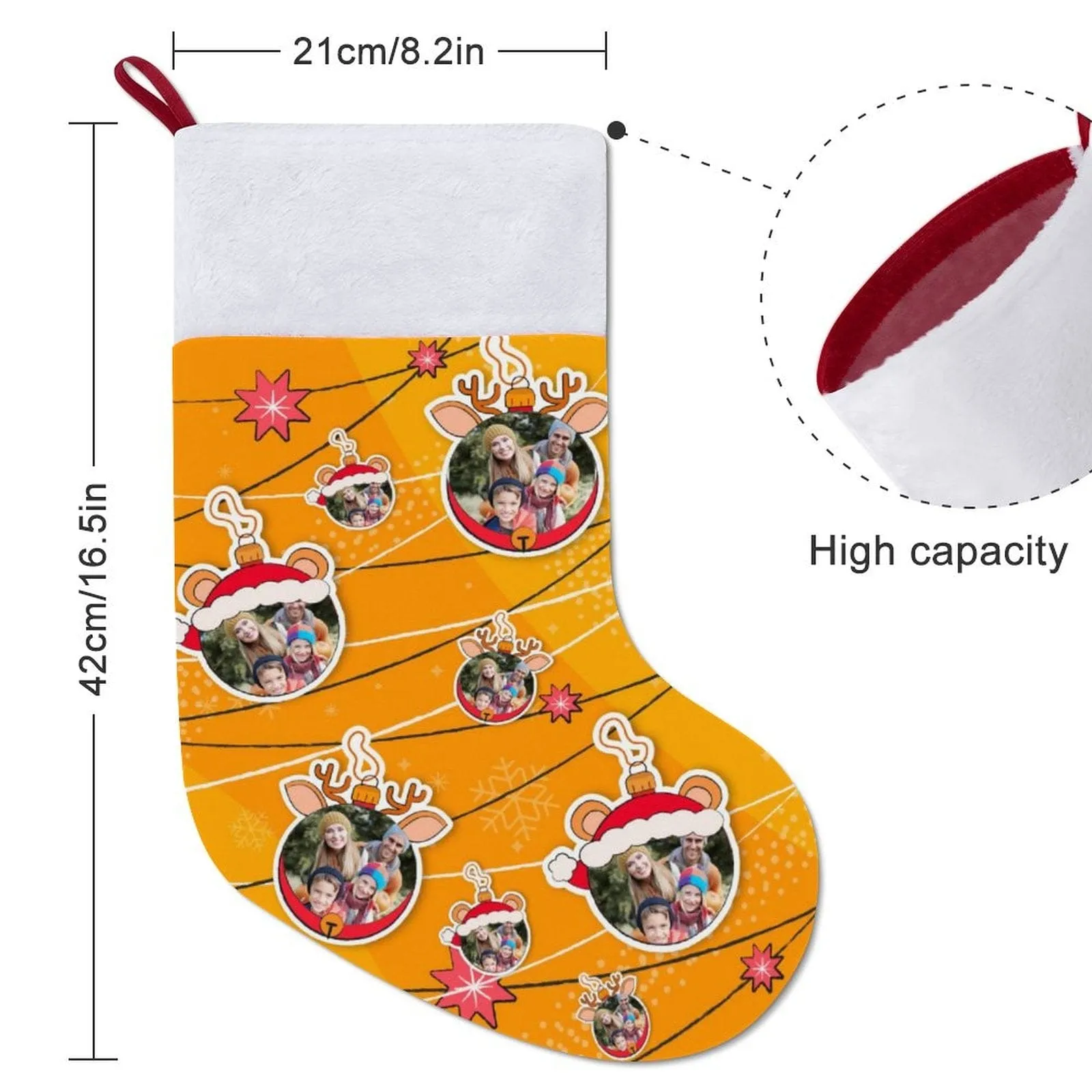 16.5in(L) Super Size-Custom Photo Line Orange Background Christmas Socks Flip Sequins Christmas Stocking