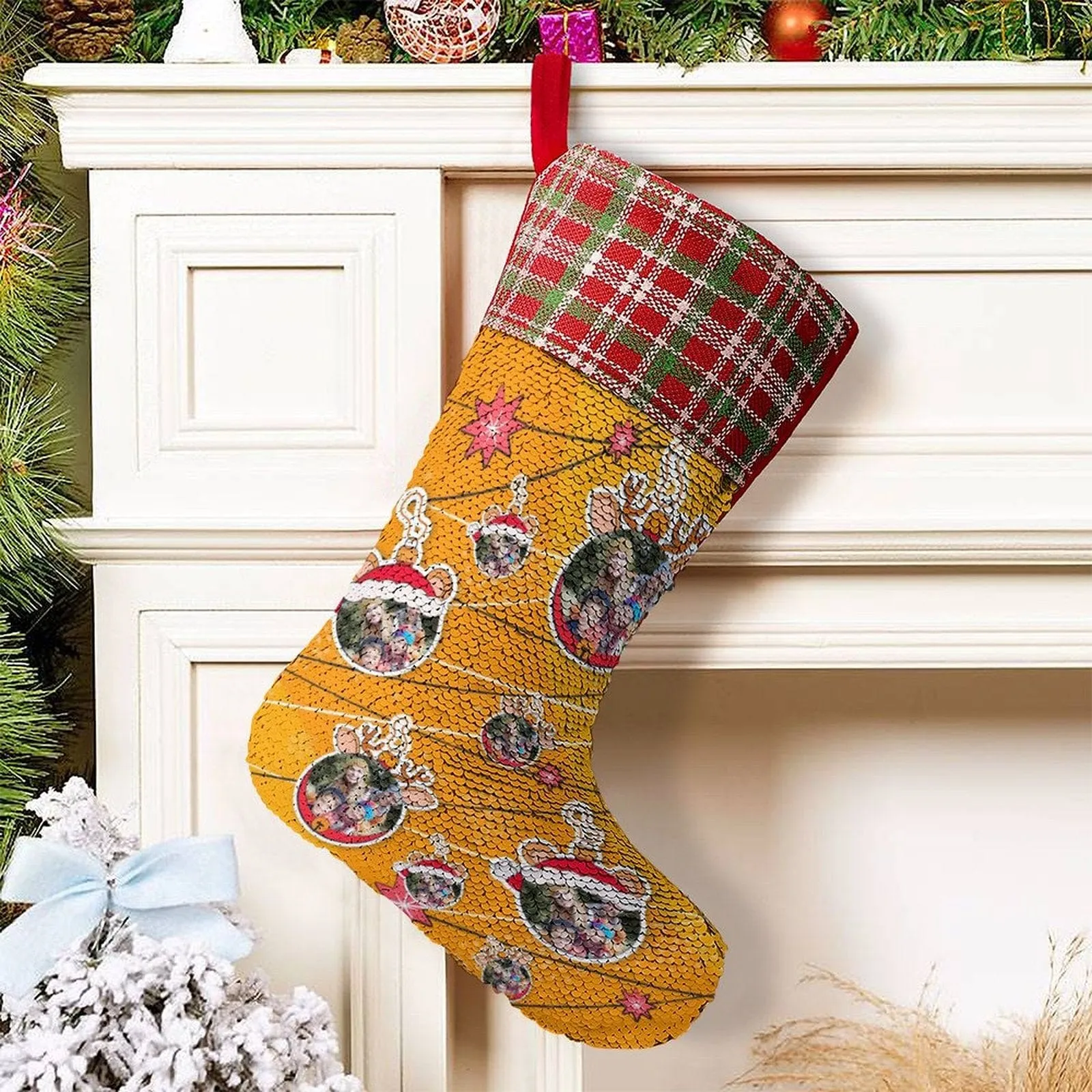 16.5in(L) Super Size-Custom Photo Line Orange Background Christmas Socks Flip Sequins Christmas Stocking
