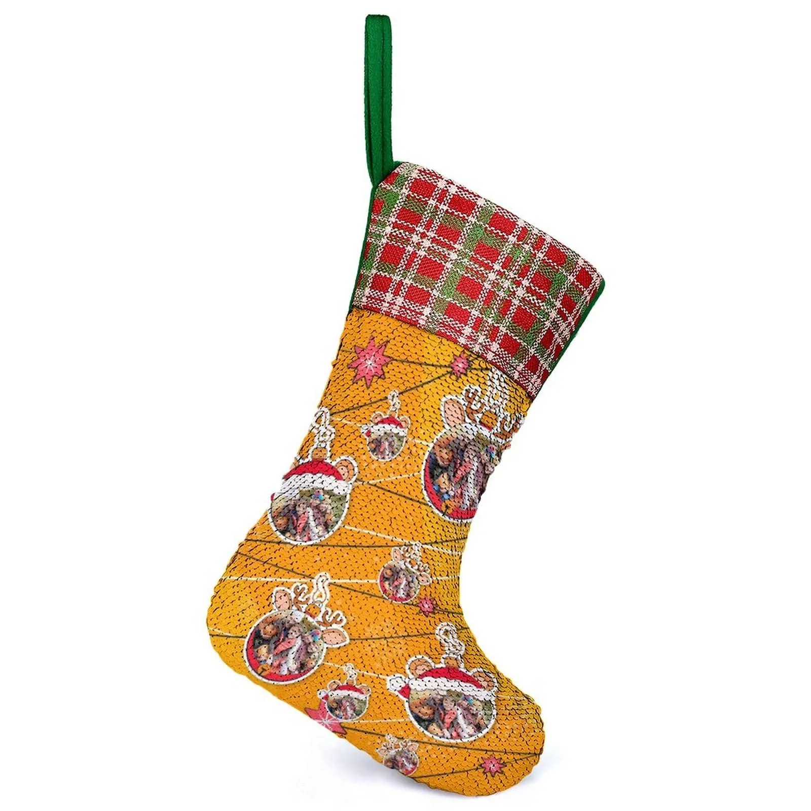 16.5in(L) Super Size-Custom Photo Line Orange Background Christmas Socks Flip Sequins Christmas Stocking