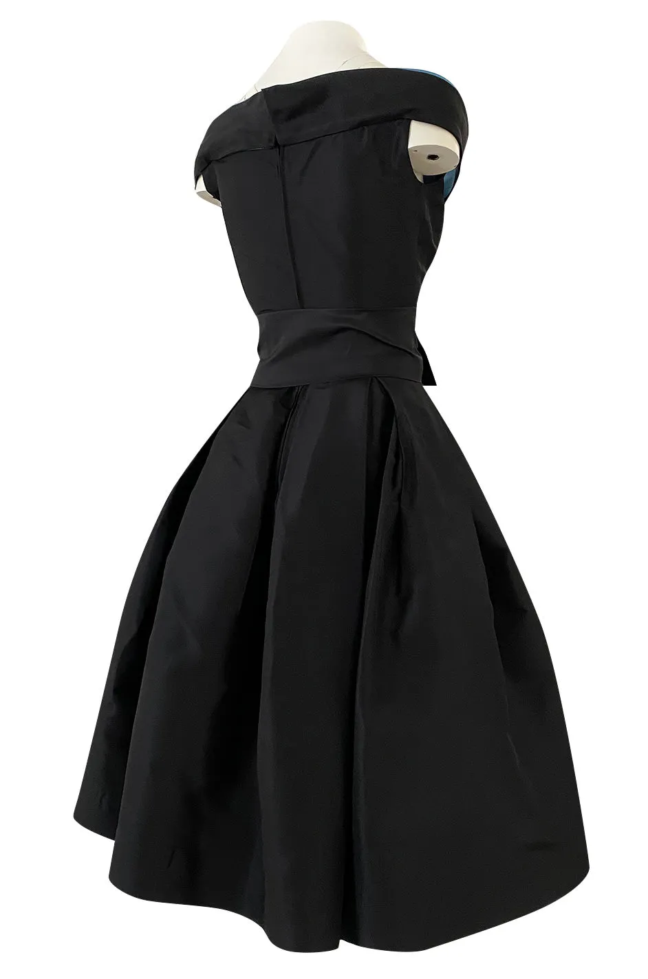 1950s Nettie Rosenstein Black Silk Full Skirted Dress w Interesting Blue Trim Neckline