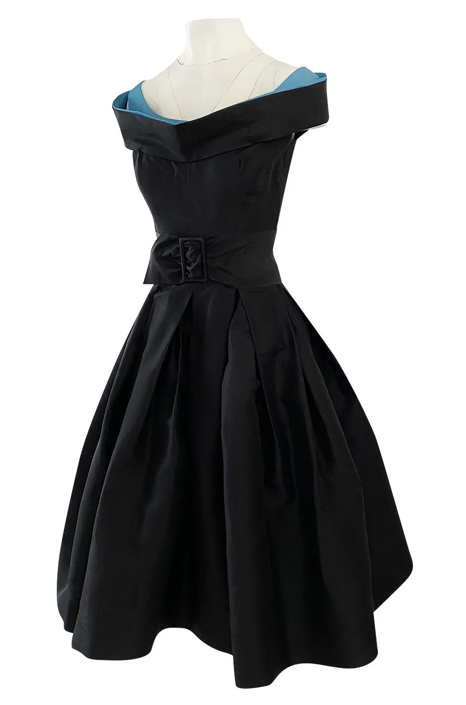 1950s Nettie Rosenstein Black Silk Full Skirted Dress w Interesting Blue Trim Neckline