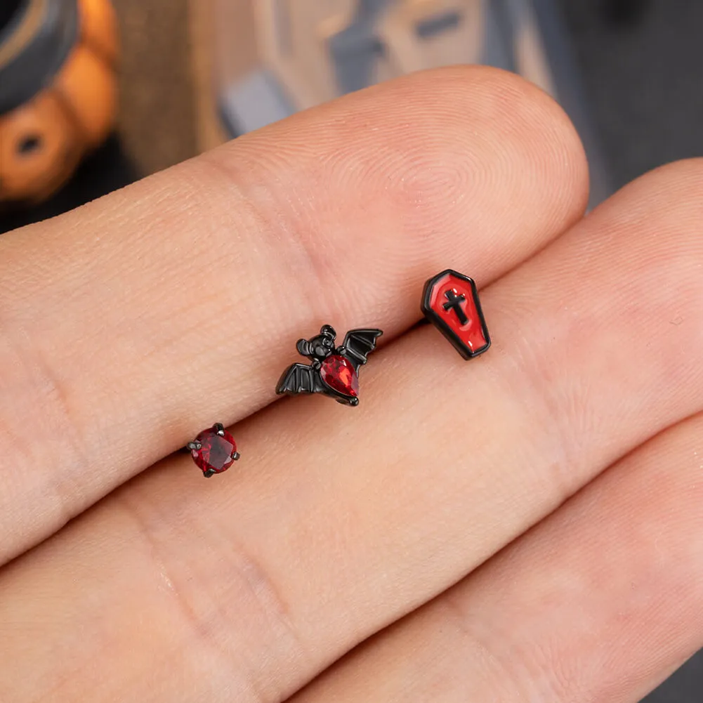 20G 3PCS Bat/Roud CZ/Red Coffin L-Shaped Nostril Studs Set