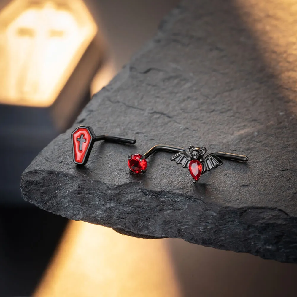 20G 3PCS Bat/Roud CZ/Red Coffin L-Shaped Nostril Studs Set