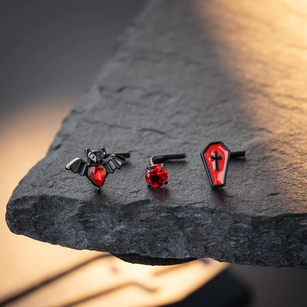 20G 3PCS Bat/Roud CZ/Red Coffin L-Shaped Nostril Studs Set