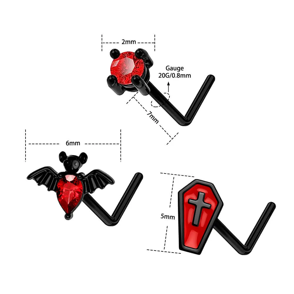 20G 3PCS Bat/Roud CZ/Red Coffin L-Shaped Nostril Studs Set