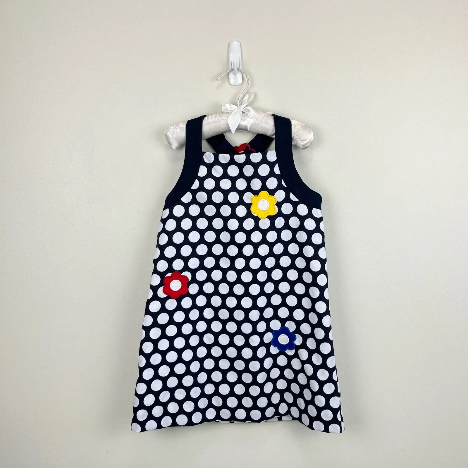 Florence Eiseman Navy Blue Polka Dot Flower Applique Dress 4T
