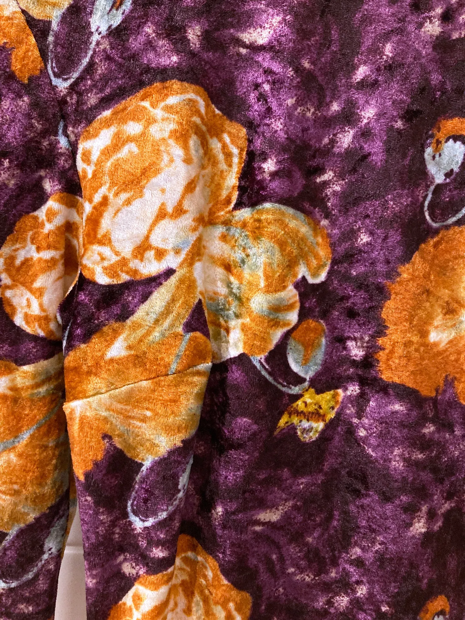Jean Colonna orange purple floral print velour mock neck long sleeve top
