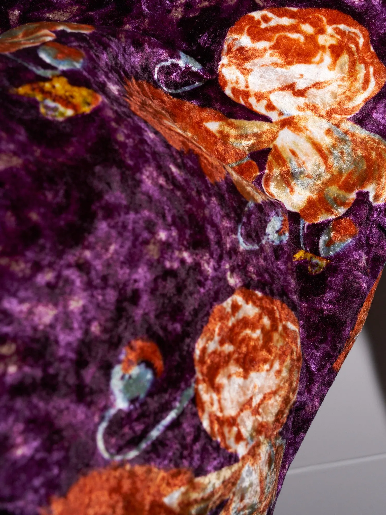 Jean Colonna orange purple floral print velour mock neck long sleeve top
