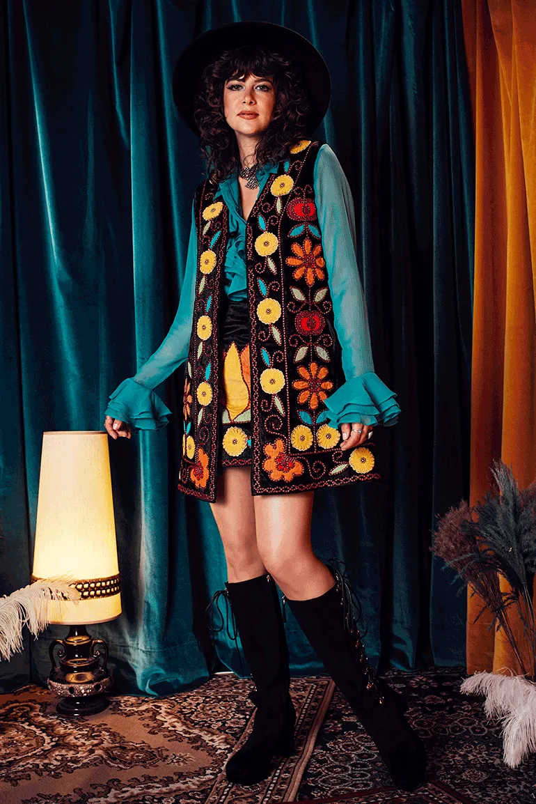 Psychedelic Blues Velvet Applique Waistcoat - SSA519 - UK10-12