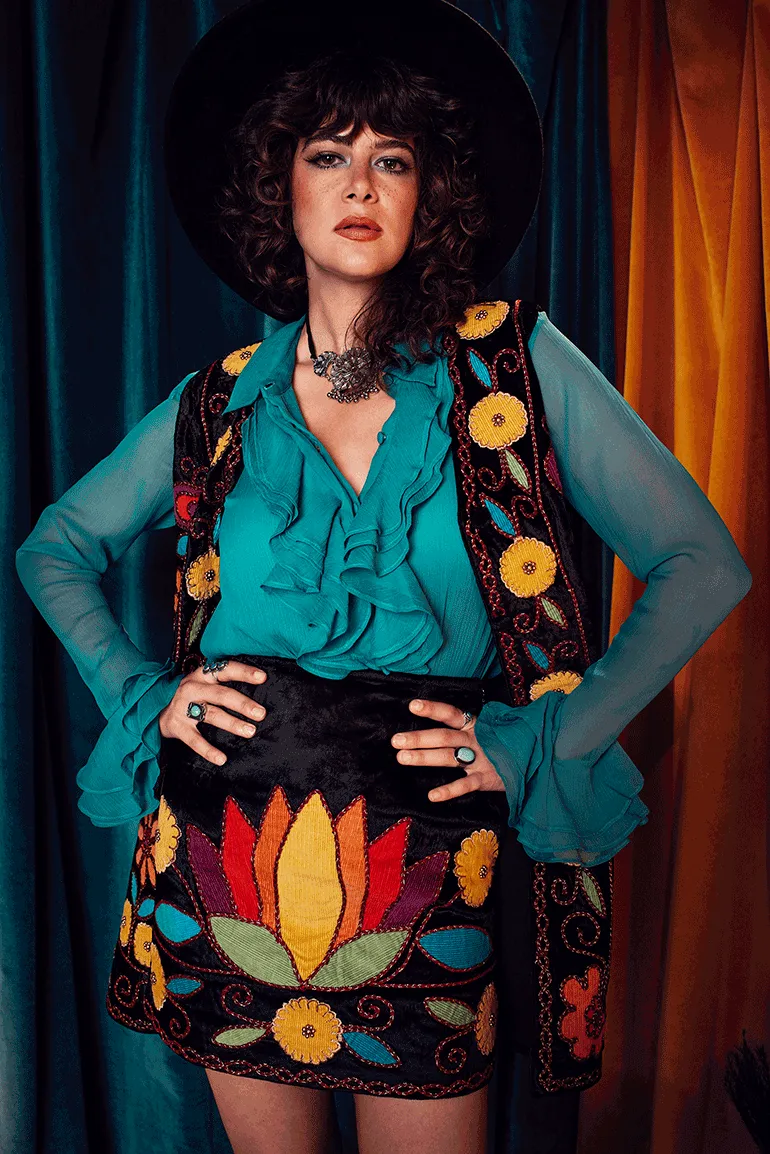 Psychedelic Blues Velvet Applique Waistcoat - SSA519 - UK10-12