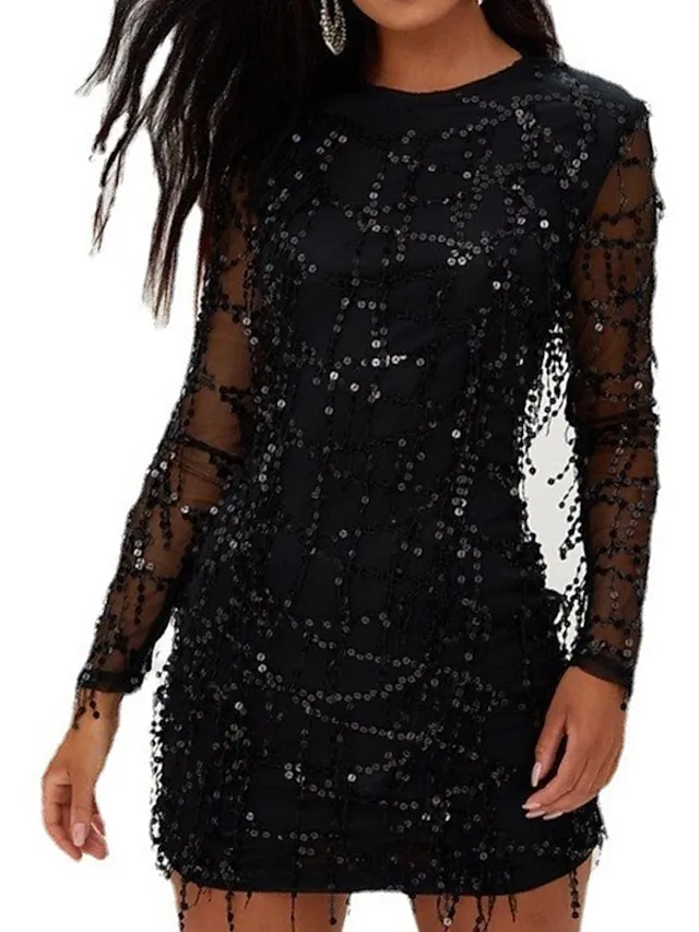 Women's Sequin Dress Fringe Dress Party Dress Sparkly Dress Little Black Dress Sexy Dress Black Homecoming Dress Mini Dress Long Sleeve Fall Winter Autumn Crew Neck Fashion Winter Dress Fall